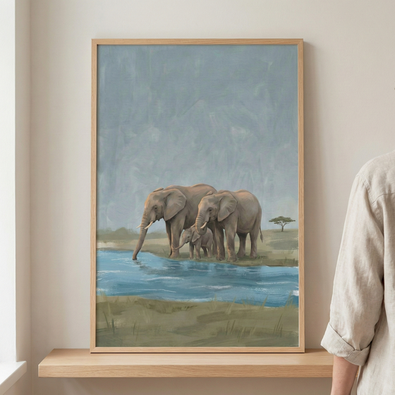 Elephant Family African Savanna Landscape Wall Art - Savanna Family Bond
