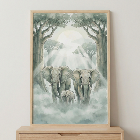 A framed watercolor-style illustration featuring a family of elephants, including two large adults and a small calf, walking forward together. The trio is set within a misty forest filled with tall, stylized trees. Soft rays of light shine down from a large, pale sun in the center of the background, cutting through the fog. The artwork uses a muted color palette of greens, greys, and creams and is displayed in a light-colored wooden frame resting on a wooden surface.