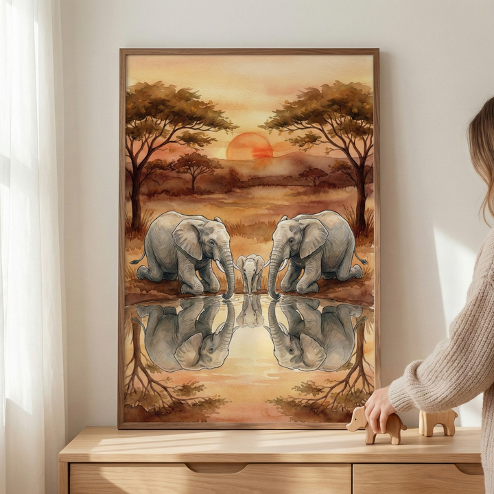 A framed watercolor-style illustration showing an elephant family at a watering hole during a warm sunset. Two adult elephants and a small calf are gathered at the water's edge, with their reflections clearly visible in the still water. The scene is set against a savanna landscape with a large, orange sun on the horizon and sparse trees. The frame rests on a light wood cabinet next to a person's hand holding a small wooden toy elephant.