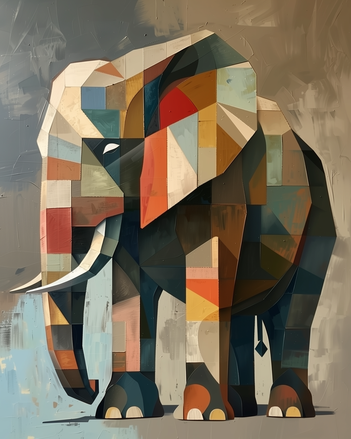 Stylized geometric painting of an elephant filled with colorful patchwork rectangles and triangles. The abstract design uses warm and cool tones for a bold, modern art look.