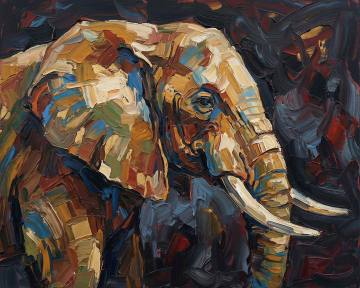 Bold and expressive oil painting of an elephant with thick brushstrokes in earth tones, blues, and ochres, set against a dark swirling background that enhances the animal’s textured appearance.
