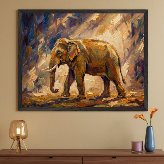 Modern living room with a dark wooden credenza. A large framed textured painting of an elephant walking through a sunlit forest hangs centered above the credenza. A modern lamp, vase with flowers, and candle decorate the credenza.