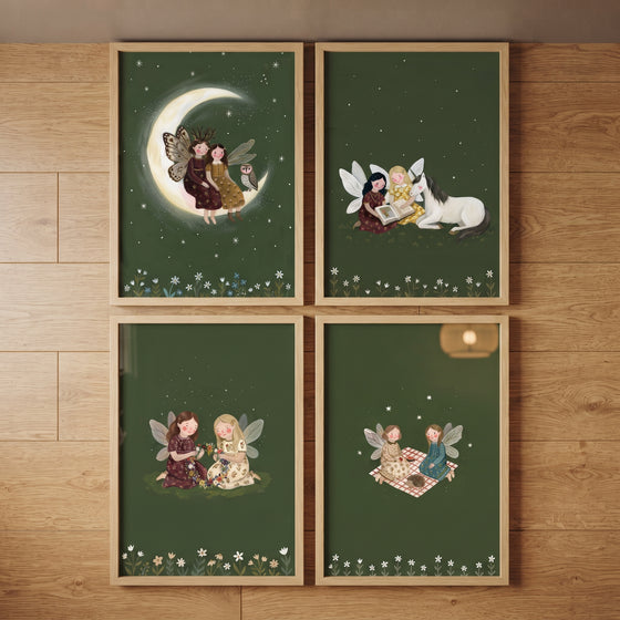 Emerald green starry fairies wall art set of 4 features whimsical fairy scenes with animals on a wooden background.