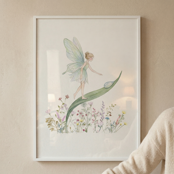 A framed watercolor illustration of a whimsical fairy with translucent wings and a light green dress walking along a large, curved leaf. She reaches toward a single dewdrop on the leaf's surface. Below the leaf is a collection of colorful wildflowers in muted tones. The artwork is housed in a simple white frame and hung on a textured beige wall, with a person in a soft-knit sweater partially visible on the right.