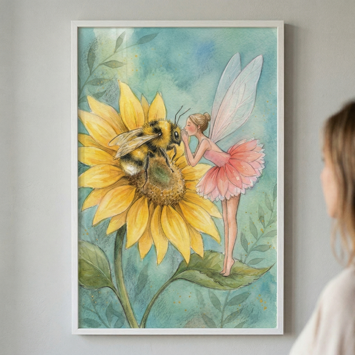 A framed watercolor-style illustration hangs on a neutral wall. The artwork features a tiny fairy with long, translucent wings and a pink layered dress, standing on a large green leaf. She leans in closely to whisper to a fuzzy bumblebee resting on the center of a large, vibrant yellow sunflower. The background is a soft, mottled blend of blues and greens with delicate leaf outlines. On the right, a person's shoulder and the back of their head are partially visible as they observe the piece.