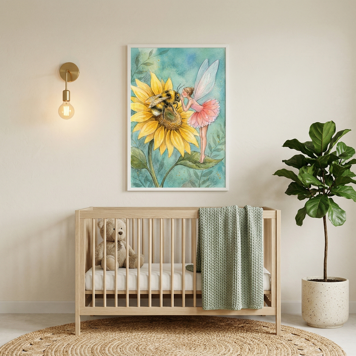 A serene nursery setting features a light-toned wooden crib centered against a neutral wall. A framed whimsical illustration hangs above the crib, depicting a large, vibrant yellow sunflower with a bumblebee and a small, delicate winged fairy in a pink tutu. Inside the crib, a soft teddy bear sits next to a green textured blanket draped over the railing. To the left, a modern gold wall sconce with a glowing exposed bulb provides a warm light.