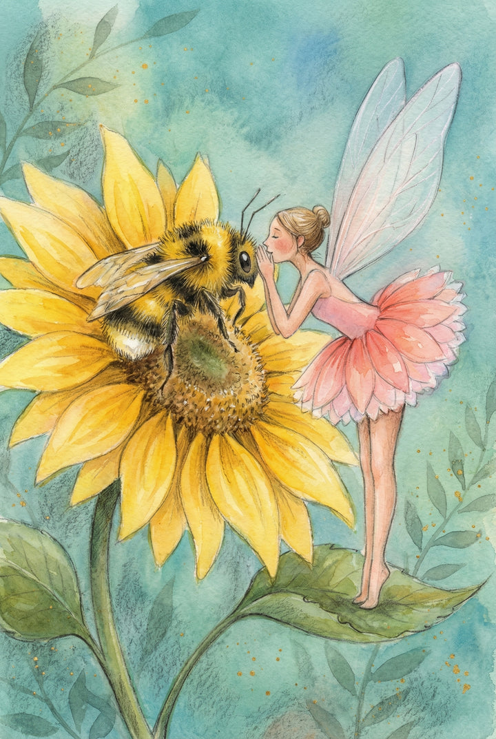 Soft watercolor illustration of a tiny winged fairy in a pink petal dress standing on a green leaf beside a large bumblebee perched on a bright yellow sunflower. The fairy leans close to the bee with her hands near her mouth as if whispering while translucent wings, soft teal background washes, and scattered golden specks give the scene a dreamy magical feel.
