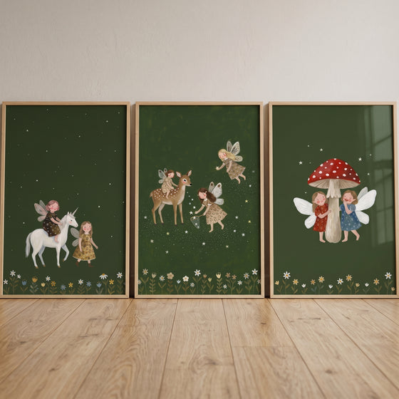 enchanted starry night fairies wall art set of 3 featuring a fairy on a unicorn, a fairy on a deer, and a mushroom.
