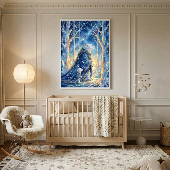 A serene nursery features a large vertical artwork above a light wood crib. The illustration shows an adult polar bear and cub in a magical winter forest; the adult wears a star-studded blue cloak amidst glowing trees. The crib is dressed with a cream blanket. To the left, a white rocking chair holds a plush sheepskin and a toy rabbit. A spherical paper floor lamp stands nearby, and a celestial mobile hangs to the right. The room is finished with wall molding and a patterned rug.