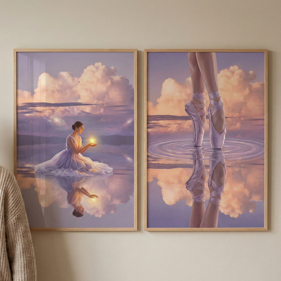Two side-by-side framed digital illustrations hang on a light-colored wall. The left piece shows a woman in a flowing, light purple gown sitting on a mirrored surface that resembles water, holding a small, glowing orb in her hands. The right piece is a close-up of a person's legs and feet in lilac ballet slippers, standing on their toes on a rippled water surface.