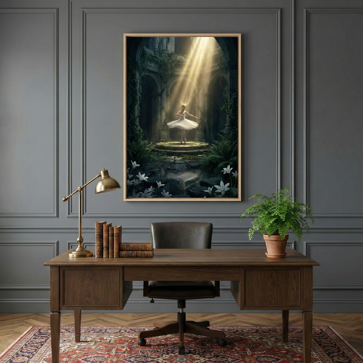 A large framed artwork hangs on a dark grey, paneled wall above a classic wooden desk. The artwork depicts a ballerina in a white tutu, illuminated by a dramatic beam of golden light in a dark, ruined stone setting filled with plants and white flowers. On the desk sits a stack of aged books, a brass desk lamp, and a green fern in a terracotta pot. A leather office chair is placed at the desk, which sits on a patterned rug over a wooden herringbone floor.