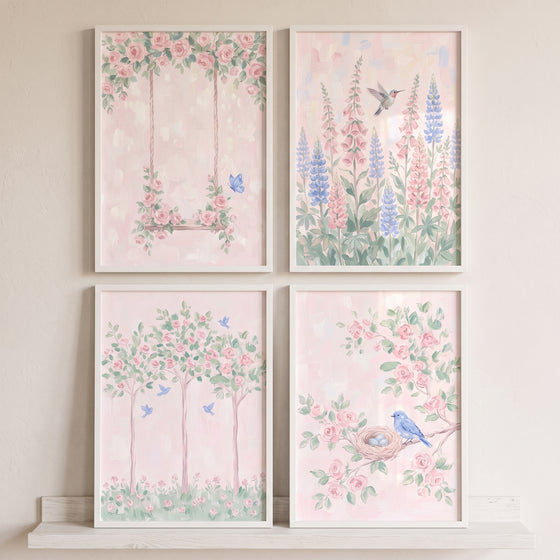 Ethereal pastel rose garden wall art set of 4 featuring a swing, birds, and flowers in soft pink and green tones.