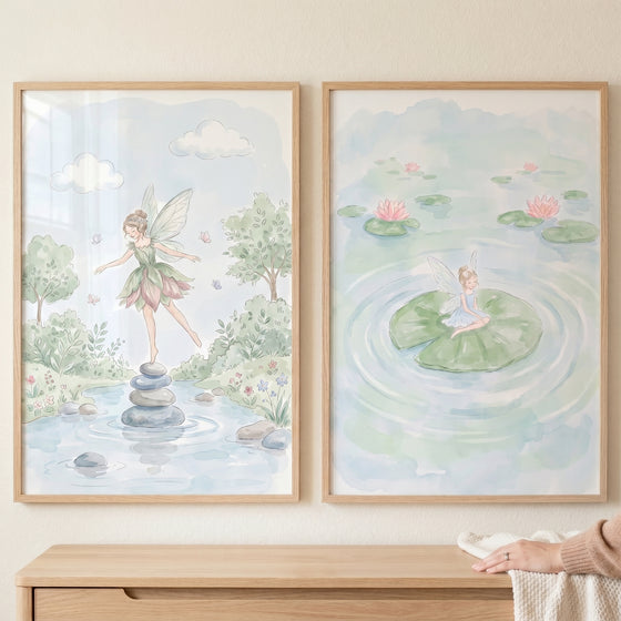 Ethereal watercolor pastel fairy wall art set of 2 depicts winged figures in soft pond and nature scenes above a dresser.