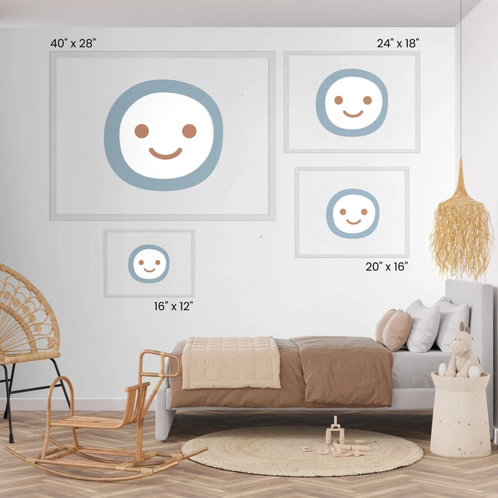 a bedroom with a bed, rocking chair, and a woven basket. The walls are decorated with framed images of smiling faces, and there are measurements provided for each frame.