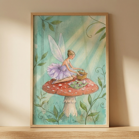 A framed vertical illustration in a soft watercolor style depicting a whimsical forest scene. A delicate fairy with light, translucent wings and her hair in a bun is seated atop a large red toadstool with white spots. She wears a purple dress made of flower petals and is reaching into a small wicker basket. On the surface of the mushroom, a tiny tea set is laid out on a green leaf.