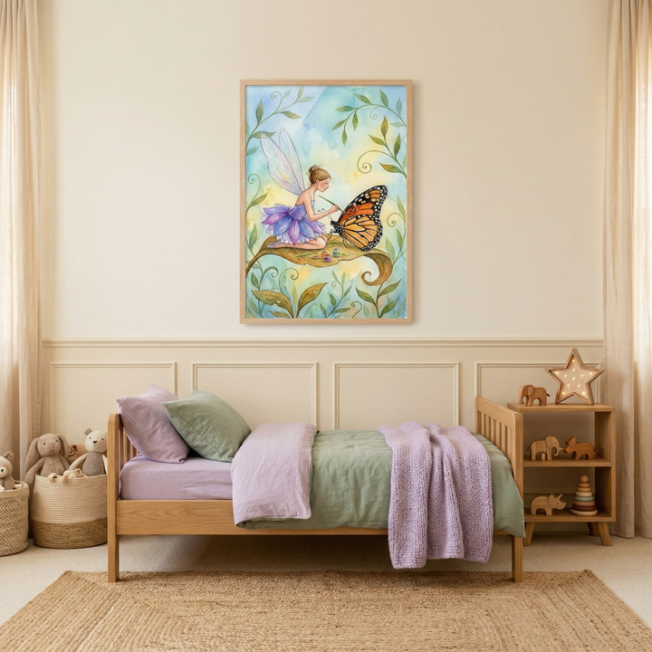 A cozy children's bedroom features a light wood bed with sage green and purple bedding. Above it, a framed illustration depicts a small fairy in a purple dress sitting on a leaf, using a brush to add color to a monarch butterfly's wing. The room has neutral walls, a textured jute rug, and a small wooden shelf with toy animals and a star-shaped lamp. A basket of stuffed toys sits in the corner, and beige curtains frame the scene.
