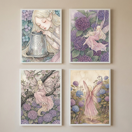 Four framed illustrations are arranged in a square grid on a plain wall. Each piece features a delicate fairy figure amidst lush purple and blue hydrangea blossoms in a soft, whimsical style. The top-left shows a fairy with a silver thimble. The top-right depicts a fairy on a swing. The bottom-left features a fairy perched on a branch. The bottom-right shows a fairy walking through a floral garden. In the foreground, two people hold up phones to take a picture of the display.