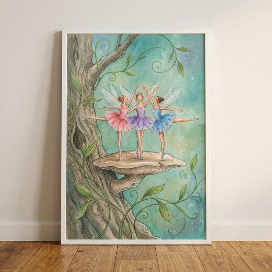 A framed whimsical illustration shows three fairy ballerinas dancing atop a large mushroom growing from a thick tree trunk. The central fairy wears a purple tutu, while the fairy to her left is in pink and the one to her right is in blue. All three have delicate wings and perform ballet movements. Intricate green vines twist around the gnarled tree into a soft, shimmering teal background. The piece is held in a simple white frame, leaning against a wall on a wooden floor.