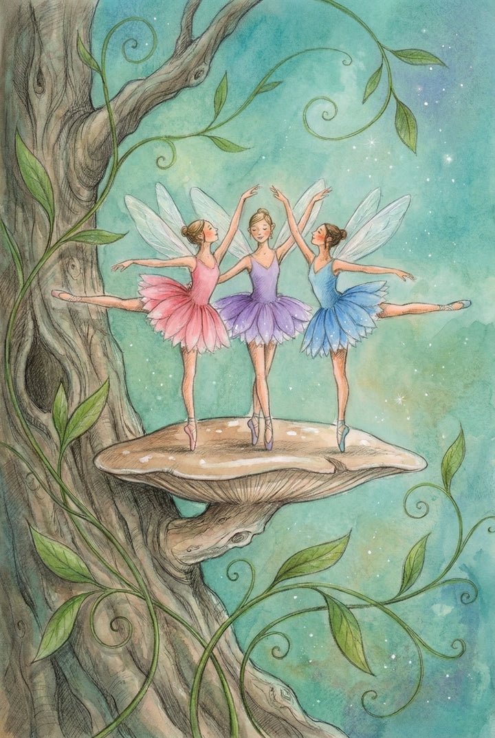 Soft watercolor illustration of three winged fairies dancing on a wide mushroom growing from the side of a tree trunk. The fairies wear pink purple and blue petal tutus and balance in ballet poses with one leg lifted as curling green vines wrap around the tree against a dreamy teal sky filled with tiny star like specks.