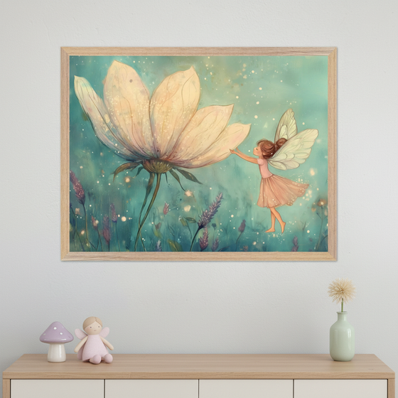 Kid's room with a light wood dresser. Centered above the dresser hangs a framed print of a tiny fairy in a pink dress touching a large white flower on a teal background, in a painterly style. A purple mushroom, a fabric doll, and a vase are on the dresser.