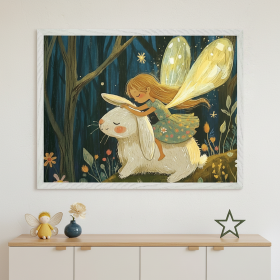 Kid's room with a light wood and white dresser. A large framed whimsical illustration of a fairy riding a white rabbit in a dark forest hangs centered above the dresser. A fairy doll, vase with flower, and star decor are on the dresser.