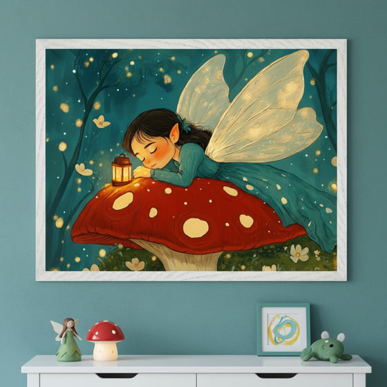 Kid's bedroom with a teal wall and white dresser. A large framed illustration of a sleeping fairy with wings on a red mushroom hangs above the dresser. On the dresser are a fairy figurine, mushroom lamp, small framed art, and a frog plush toy.