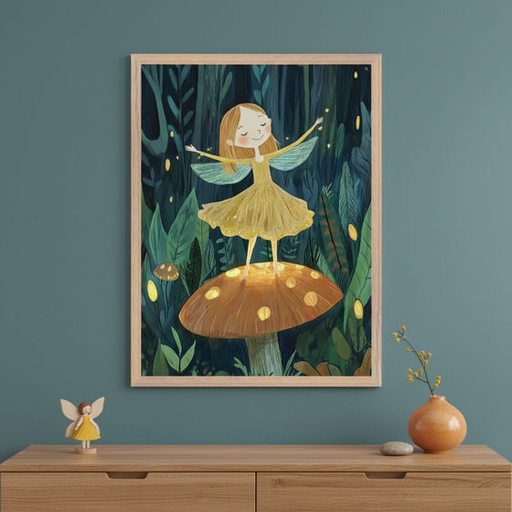 Modern kid's room with a light wood dresser. A framed whimsical illustration of a blonde fairy with wings on a glowing mushroom in a dark forest hangs above the dresser. A small wooden fairy figurine and an orange vase with berries are on the dresser.