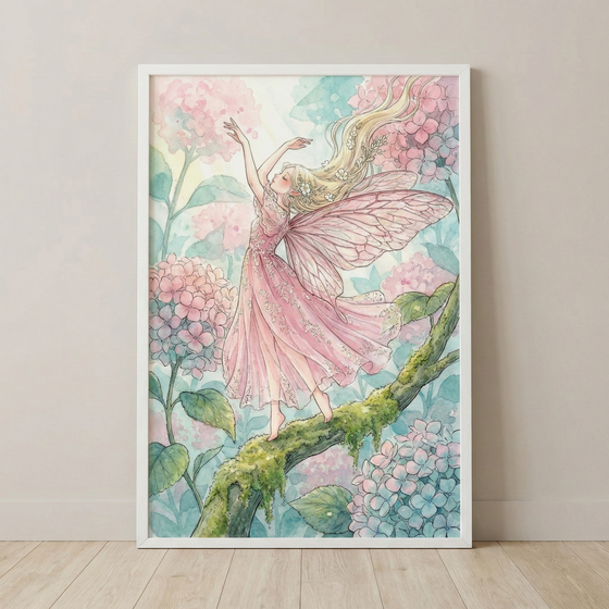 A framed watercolor illustration of a graceful fairy with long blonde hair and translucent pink wings, dancing on a mossy branch. She wears a tiered pink dress. The scene is filled with pastel pink, blue, and purple hydrangea blossoms. This whimsical artwork uses soft tones and delicate lines to create an ethereal atmosphere. The piece is held in a simple white frame and mounted on a neutral wall above a light wood floor.