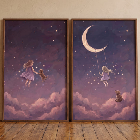A fantastical night girl dog wall art set of 2 featuring a girl and her pet among purple clouds, stars, and a crescent moon.