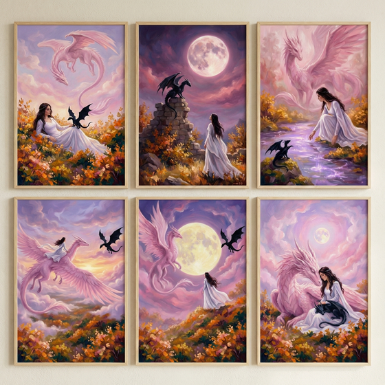 A series of six framed fantasy illustrations are arranged in a two-by-three grid against a neutral wall. The collection features a consistent theme centered on a woman with long dark hair wearing a flowing white gown, interacting with a large pink winged creature and smaller black dragon-like beings. The style uses soft, ethereal colors like pastel purples, pinks, and golden yellows, often set under a large, glowing moon.