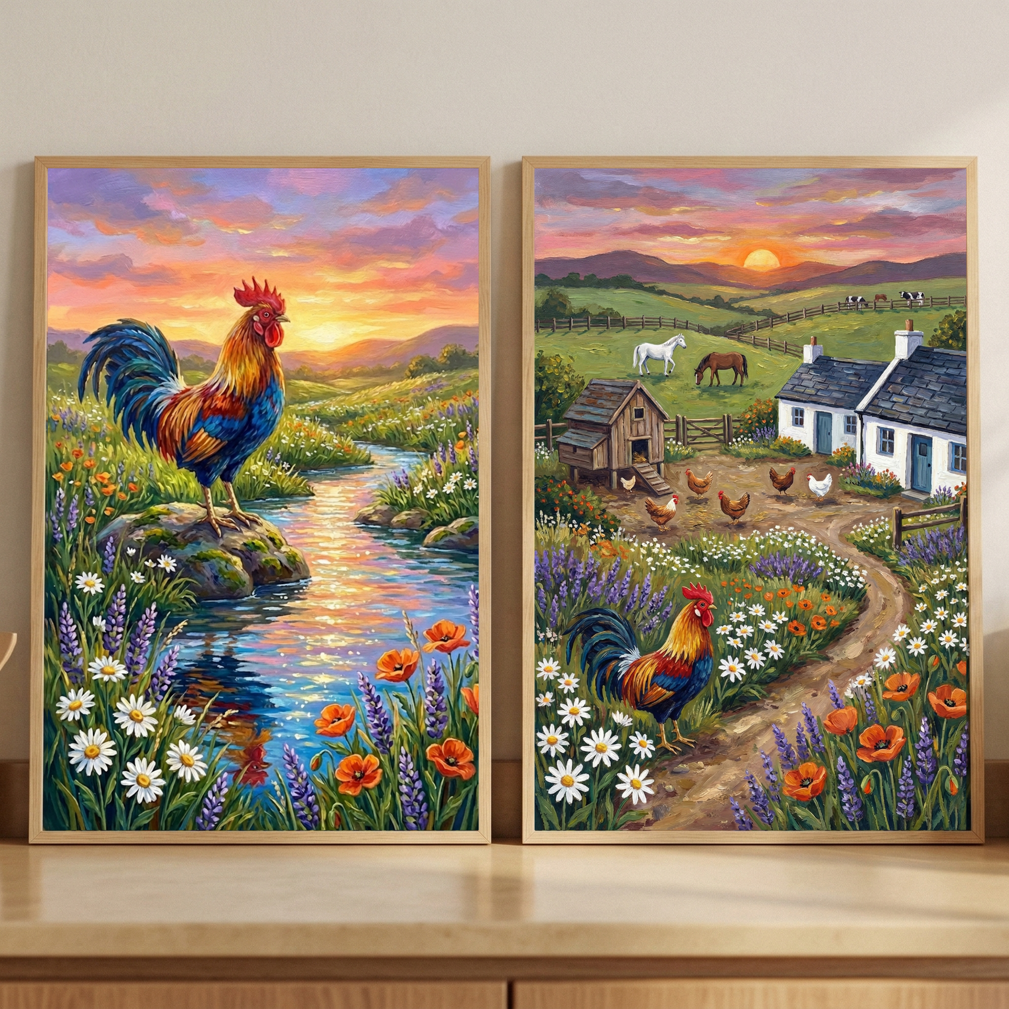 Vibrant Farm Rooster Sunset Wall Art Set of 2
