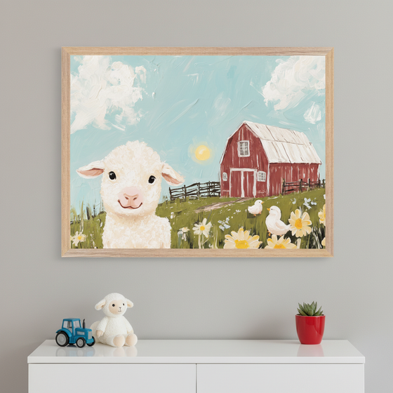 Modern kid's room with a white dresser against a gray wall. A framed whimsical painting of a smiling lamb, red barn, and ducklings on a grassy hill hangs above the dresser. A toy tractor, stuffed lamb, and small succulent are on the dresser.