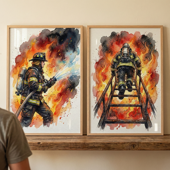 Two framed watercolor illustrations of firefighters are displayed on a rustic wooden shelf. One depicts a firefighter in profile, wearing full protective gear and a helmet, aiming a high-pressure hose that sprays water. Vivid splashes of orange, red, and black watercolor represent intense flames and billowing smoke behind the figure. The other artwork shows a firefighter from the back, climbing a ladder toward an inferno, with an oxygen tank on their back. Both are set against a neutral wall.