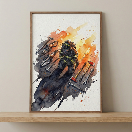A vertical watercolor illustration framed in light wood, resting on a shelf. The central figure is a kneeling firefighter in full yellow and black turnout gear. Surrounding the figure are various tools, including axes, a wrench, a mallet, and hydraulic rescue cutters. Vivid splashes of orange and yellow evoke the glow of fire, while dark grey and black washes create deep shadows and a soot-covered effect on the ground. The style is expressive with visible splatters and drips.