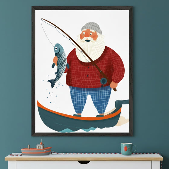 Child's room with a white dresser topped with light wood. A large framed illustration of a bearded fisherman in a boat holding a fish hangs centered above the dresser. The wall is teal.