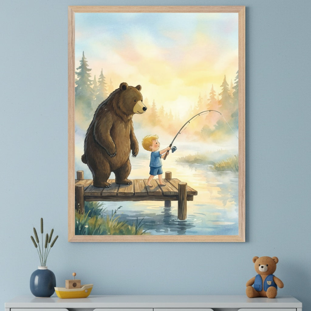 ceramic bear with fishing pole Gone Nursery Poster floating framed Bear sitting on chair fishing