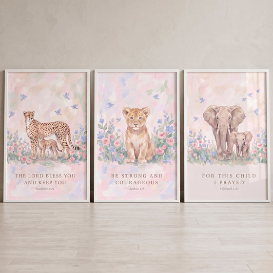 Cheetahs, a lion cub, and elephants with bible verses. floral prayer safari animals bible wall art set of 3.