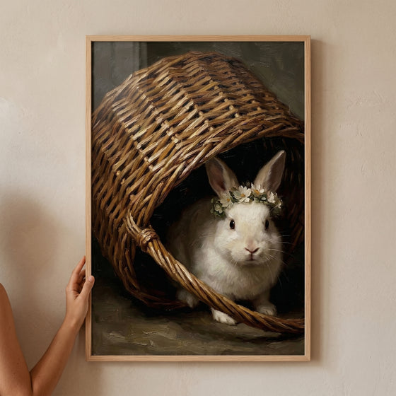 Framed flower crown white rabbit wall art features a bunny inside a rustic, tipped-over wicker basket.