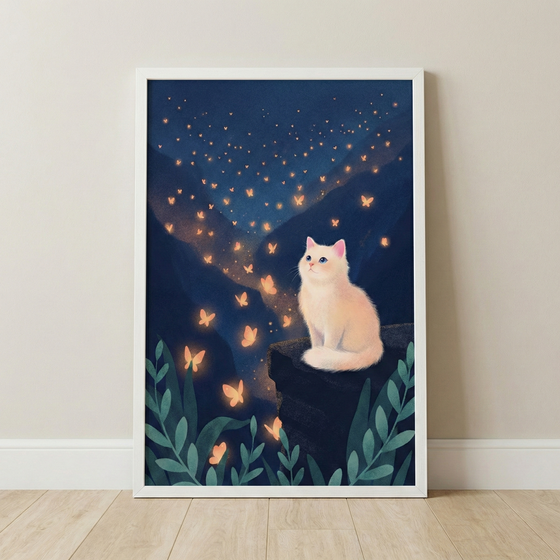 A framed piece of digital art depicts a fluffy white cat sitting on a dark rocky ledge, gazing up at a whimsical night scene. A trail of glowing, golden butterfly-like shapes rises from a valley between dark, silhouetted mountains, ascending toward a starry, deep blue sky. Large, stylized green leaves are arranged along the bottom edge of the composition. The artwork is presented in a white frame, leaning against a light-colored wall above a light wood floor.