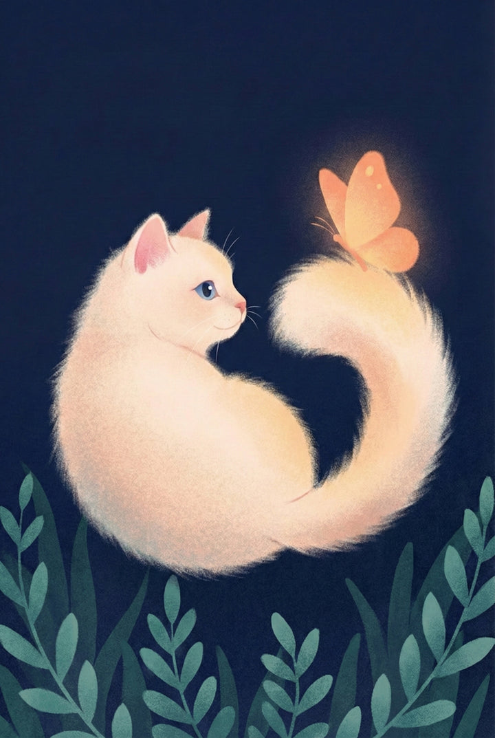 A digital illustration of a fluffy, light cream-colored cat with soft, fuzzy fur. The cat is curled in a circular shape, looking back at a glowing orange butterfly perched on the tip of its thick, bushy tail. The cat has gentle blue eyes and pink inner ears. The scene is set against a dark navy background with stylized dark green leaves at the bottom. The butterfly emits a warm, soft glow, creating a whimsical and serene atmosphere.