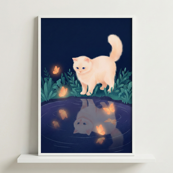 A charming digital illustration of a fluffy, light-peach cat standing on the edge of a dark pond. The cat peers down at its reflection in the still water. Several glowing orange butterflies float in the air around the cat and are reflected in the pond beneath it. Lush green foliage surrounds the water's edge against a deep navy blue night sky. This whimsical artwork is displayed in a white frame, resting on a clean white shelf against a plain wall.