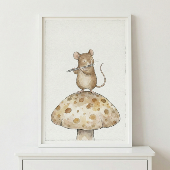A framed watercolor illustration features a whimsical brown mouse standing atop a large, spotted mushroom. The mouse is depicted with its eyes closed, peacefully playing a small silver-colored flute. The artwork uses a soft palette of beige and brown tones on a textured background. The piece is housed in a minimalist white frame and is displayed on a white shelf against a neutral-colored wall.
