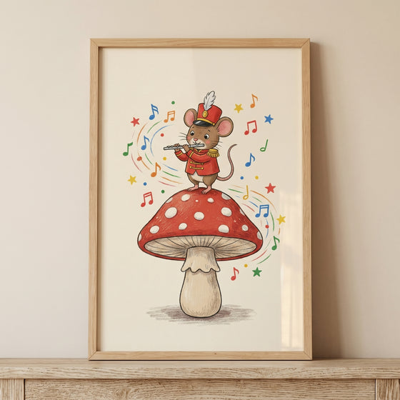 Flute playing mushroom mouse wall art shows a mouse in a red uniform on a mushroom with swirling music notes and stars.