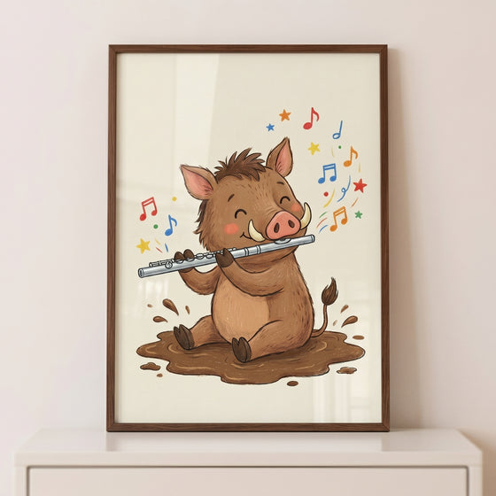 Framed flute playing wild boar wall art shows a cute cartoon animal in a mud puddle with colorful stars and music notes.
