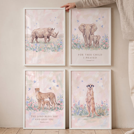 Flying bluebird savanna animals wall art set of 4 with rhino, elephant, cheetah, and meerkat prints and scripture.