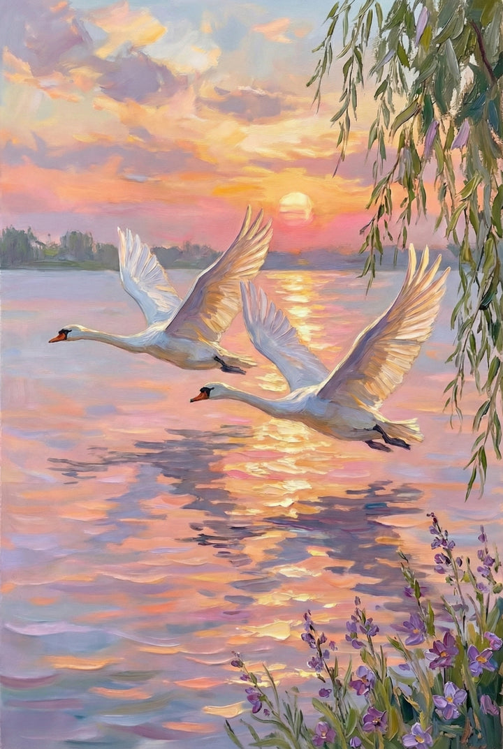 Two white swans fly low over a calm lake at sunset, their wings glowing in pink and golden light reflected on the water. Purple wildflowers and willow branches frame the romantic evening scene.