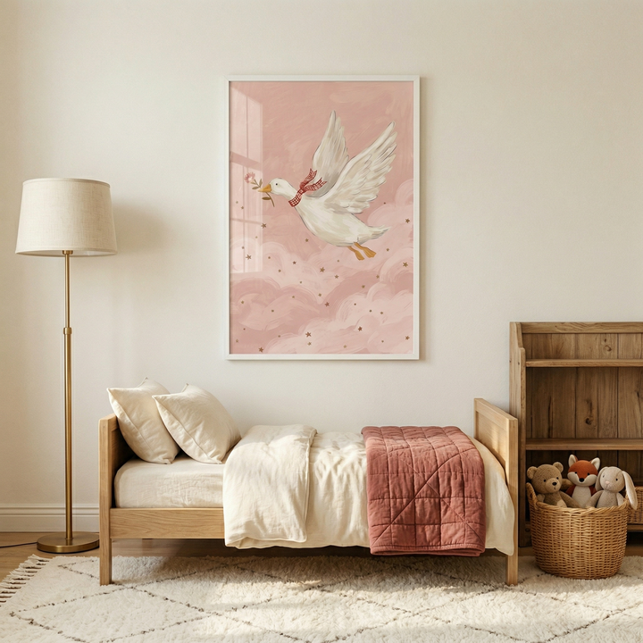 A child's bedroom with a neutral and warm color palette. A light wooden toddler bed is centered in the room, featuring cream-colored bedding and a pink quilted throw. Above the bed hangs a framed illustration of a white goose flying through a pink, star-studded sky while carrying a flower. A tall floor lamp stands to the left, and to the right, a wooden shelf sits next to a woven basket filled with soft plush animal toys. A textured cream rug with a subtle grid pattern covers the floor.