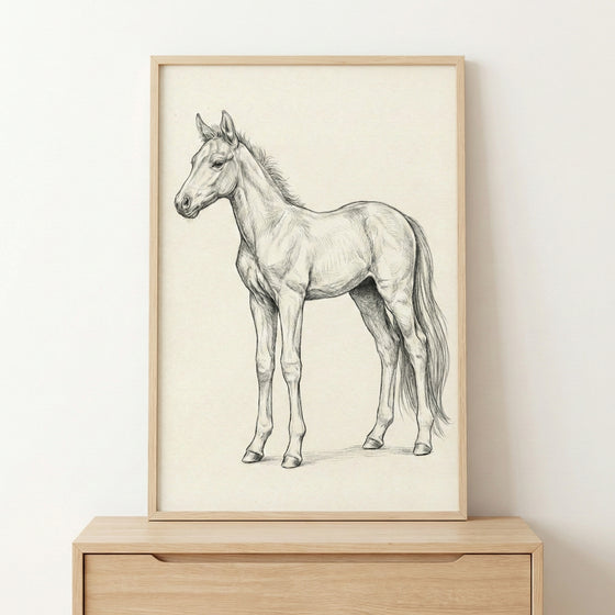 A framed pencil sketch of a young horse standing in profile. The detailed drawing showcases the animal's slender legs and fine features on a neutral-toned background. The art is enclosed in a light wood frame and displayed on a wooden surface against a plain wall.