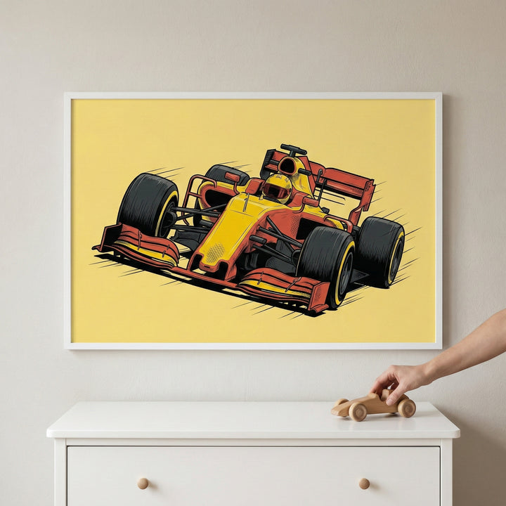 A bold illustration of a red and yellow Formula 1 race car with thick black outlines, depicted speeding forward against a pale yellow background. The dynamic strokes and exaggerated perspective give the artwork an energetic, comic book-style feel.