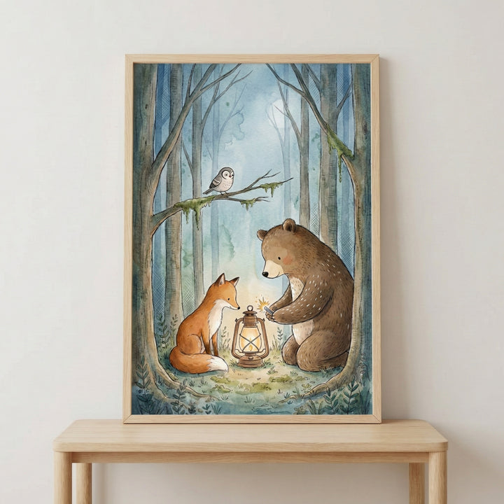 Watercolor-style artwork of a bear and fox sitting on a forest floor around a glowing lantern as an owl watches from a branch. The deep blue tones and soft lighting create a quiet nighttime storybook feel.